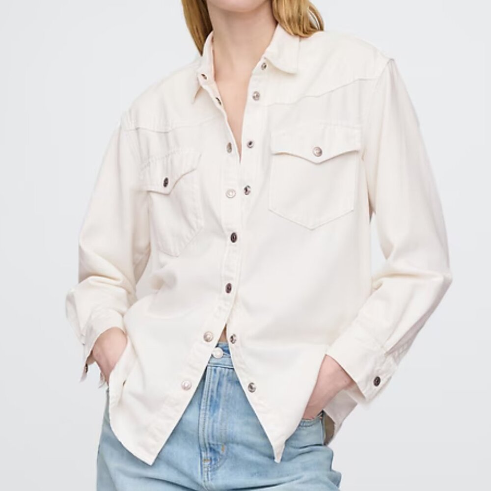 UltraSoft Denim Western Shirt Jacket, Indigo White Wash, EX Petite, NWT